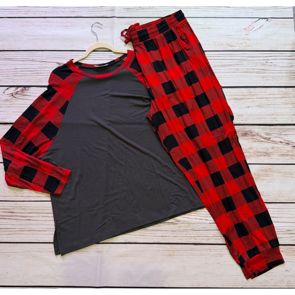 Zenana Women Plus 3X Buffalo Plaid Pajama Set Red Black Raglan Top Joggers